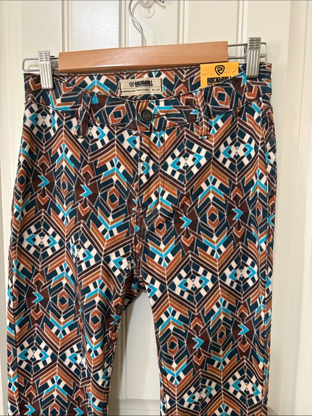 NWT Rock&Roll Denim Flare Geometric Print Pants - Teal & Brown - Picture 2 of 9